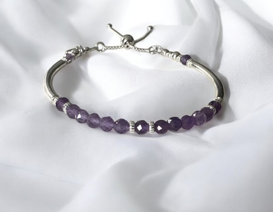 Purple Amethyst Sterling Silver Heart Charm Bracelet