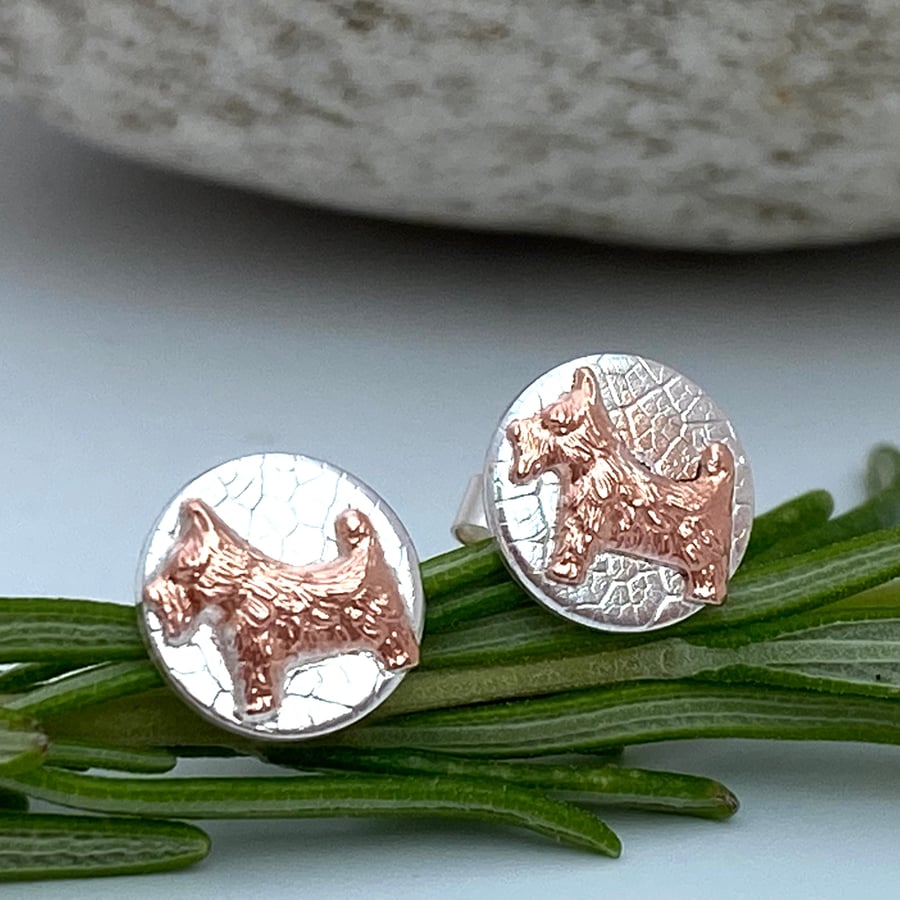 Westie Dog Silver and Bronze Stud Earrings - silver, mixed metal handmade studs