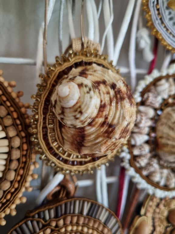 Solar Spiral – Brown & Gold Shell Amulet with Soutache and Glass Beads