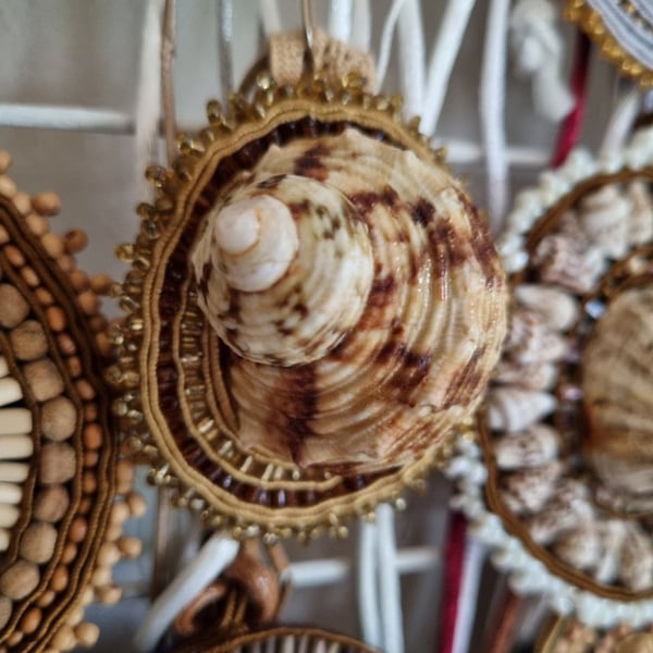 Solar Spiral – Brown & Gold Shell Amulet with Soutache and Glass Beads