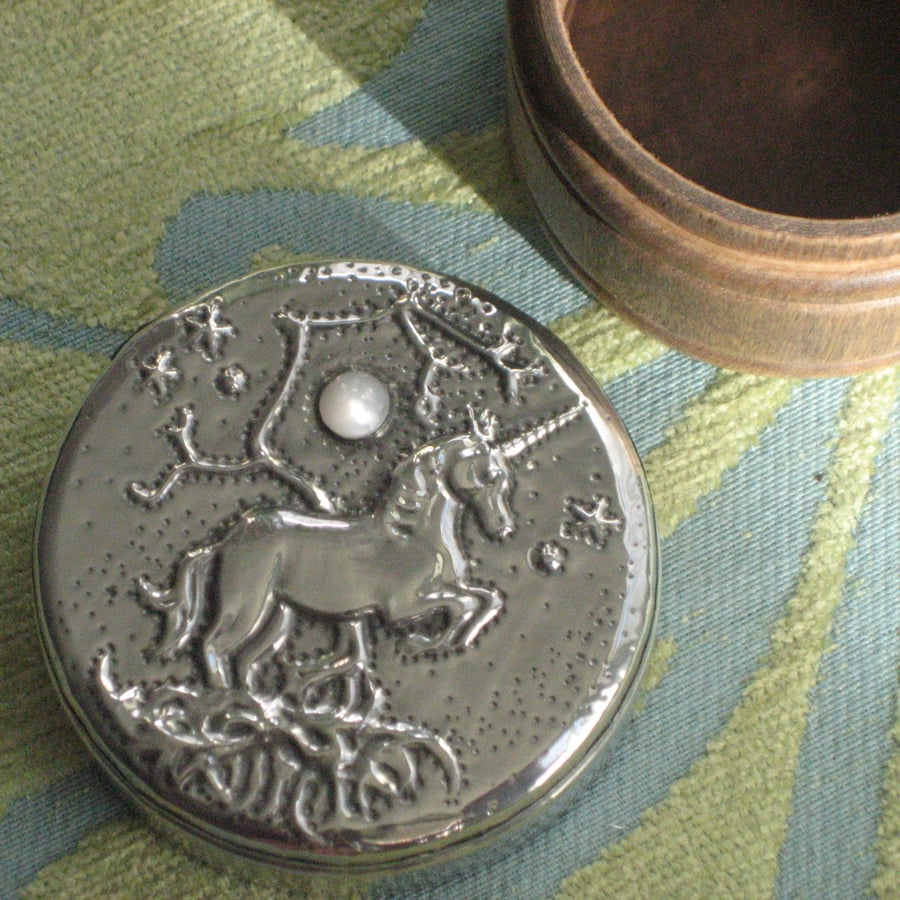 Handmade Silver Pewter Box, Unicorn Design