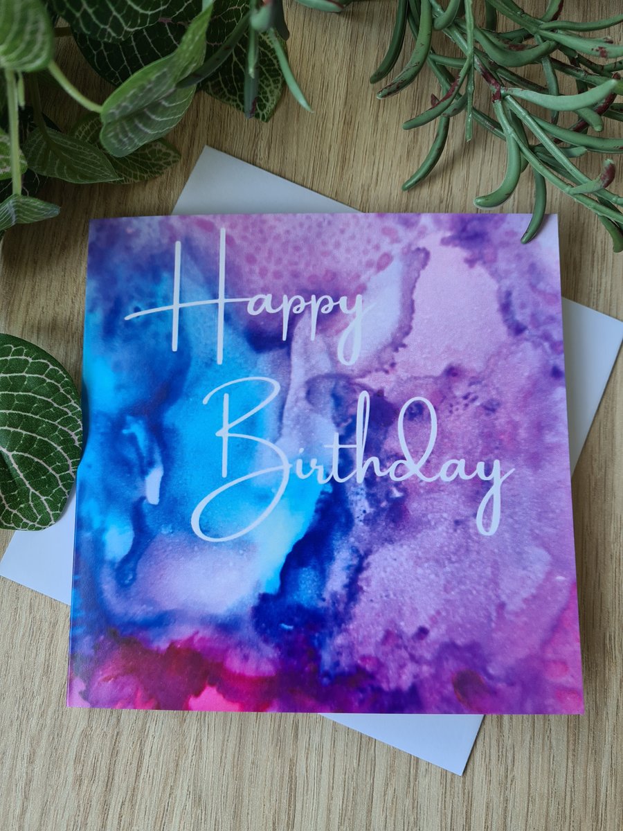 Alcohol ink print blue purple pink birthday card