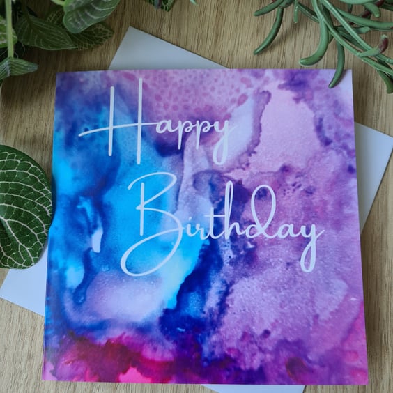 Alcohol ink print blue purple pink birthday card