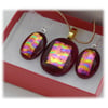 Dichroic Glass Pendant Earring Set 067 Cranberry Bubbles with gold plated chain