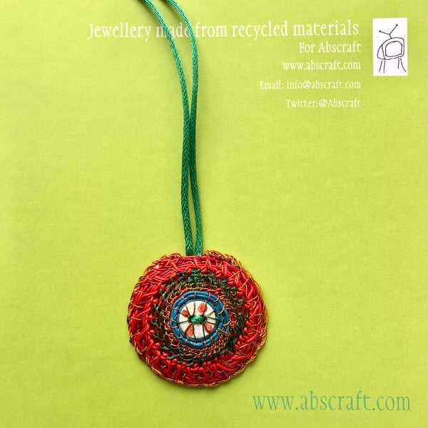 Painted button pendant from recycled and found materials