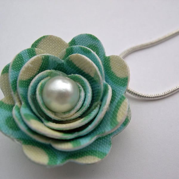 Hardened Fabric Aqua Circle Print Rose Necklace silver plated