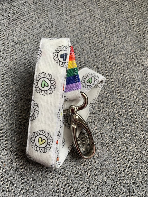 Heart 100% Cotton Lanyard, with metal lobster clip and rainbow ribbon