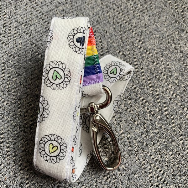 Heart 100% Cotton Lanyard, with metal lobster clip and rainbow ribbon