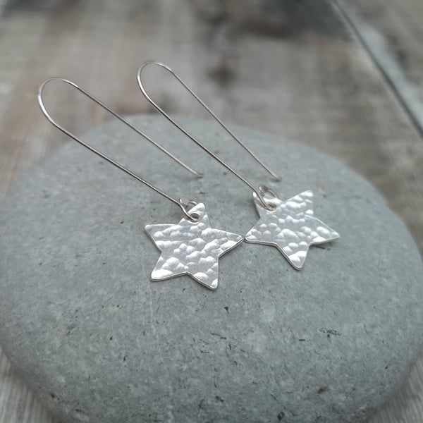 Sterling Silver Long Hammered Star Earrings - SILV077