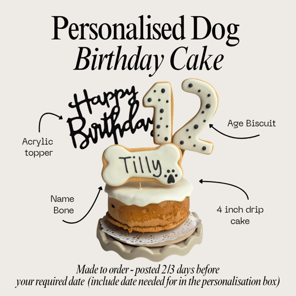 Personalised Dog Birthday Cake treat box, Homemade iced cake and biscuits 
