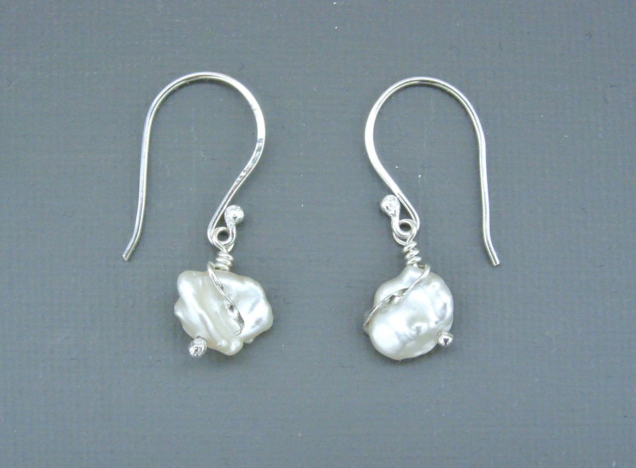 Ripple Sterling Silver Drop Earrings With White Keishi Freshwater Pearls 
