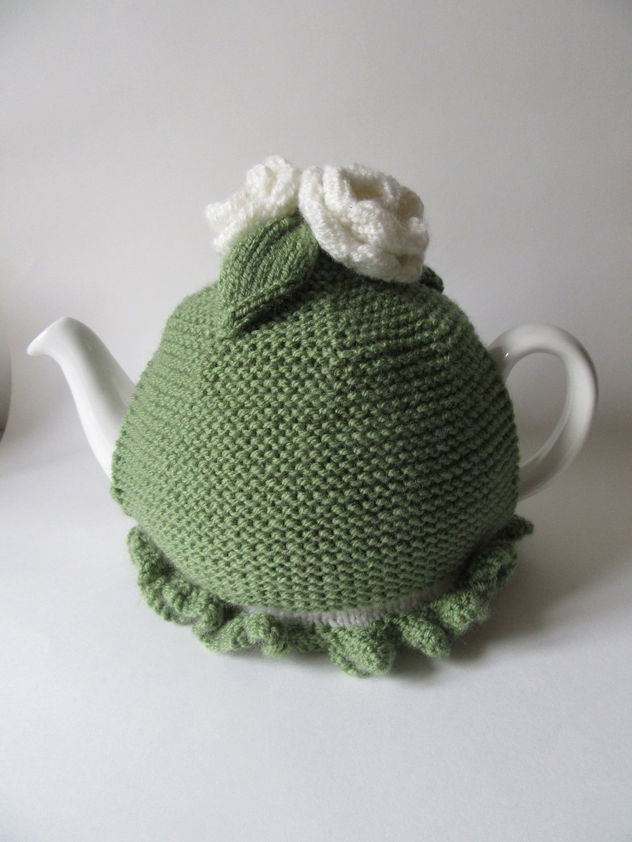Tea cosy tea cosie  - moss green with cream roses 