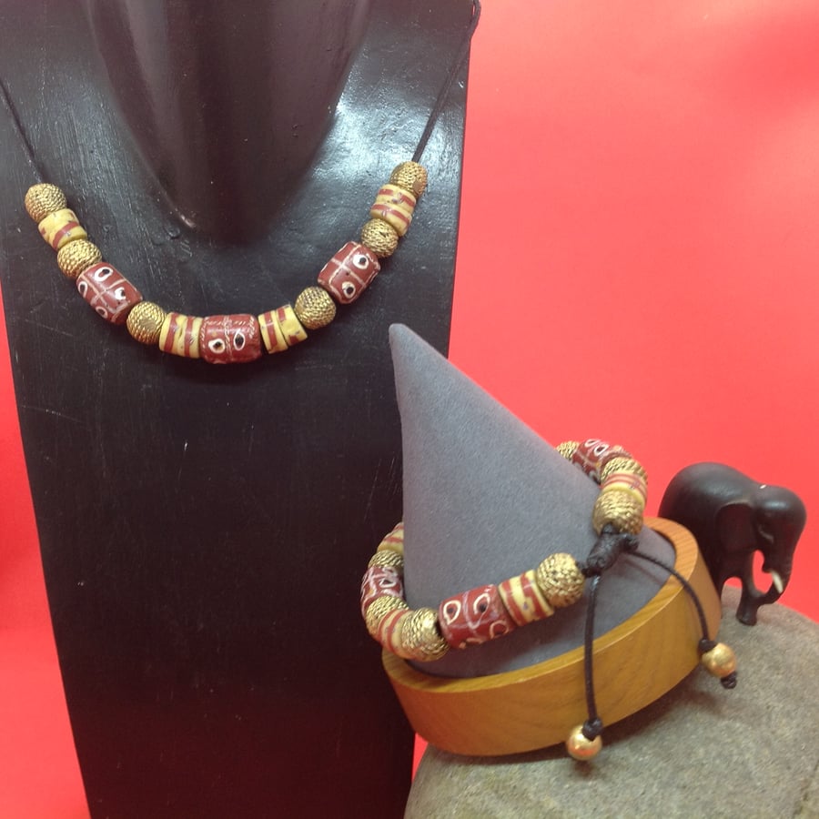 Matching set of chunky African beads in necklace and bracelet of a larger size