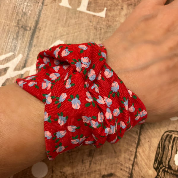 Red fabric bracelet, wrist covering for work, floral tattoo wrist cover up