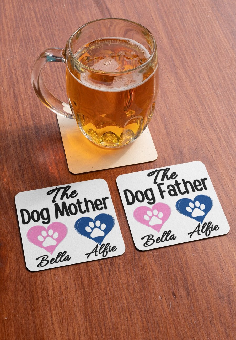 Personalised Dog Father and Dog Mother Coaster Set Joint Gift Dog Pet Owners 