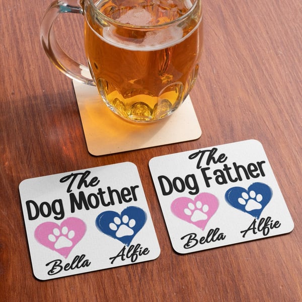 Personalised Dog Father and Dog Mother Coaster Set Joint Gift Dog Pet Owners 