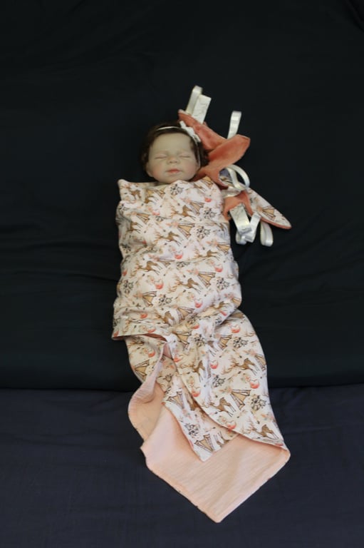 Handmade Lightweight Pink Baby Shawl, Reversible Fox & Deer Design