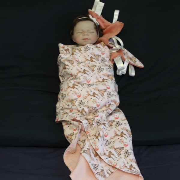 Handmade Lightweight Pink Baby Shawl, Reversible Fox & Deer Design