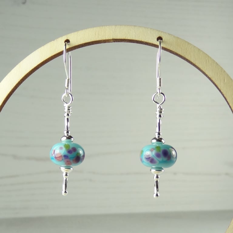 Blue pink purple speckled lampwork glass drop earrings, sterling silver (PF387)
