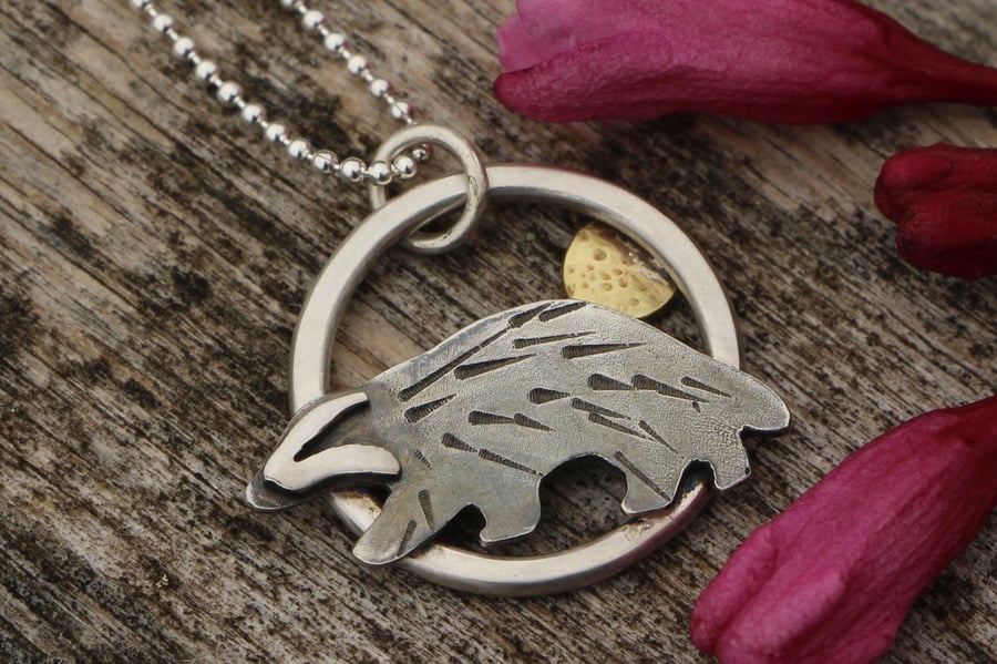 Recycled Silver Brass Textured Badger Pendant Necklace