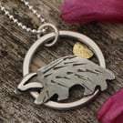 Recycled Silver Brass Textured Badger Pendant Necklace