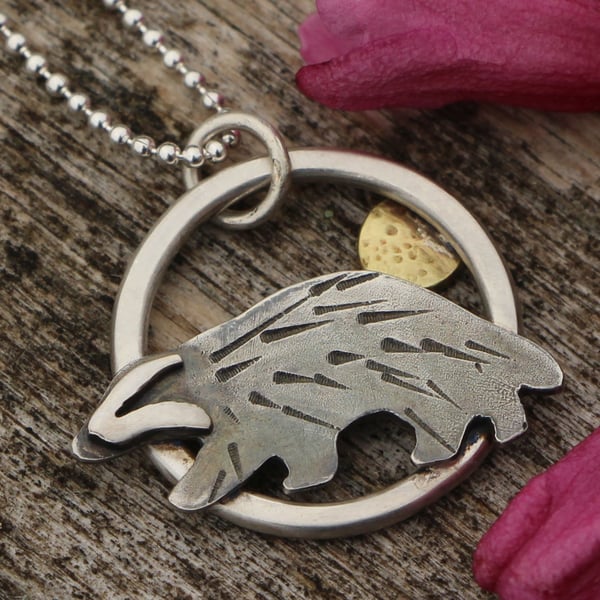 Recycled Silver Brass Textured Badger Pendant Necklace