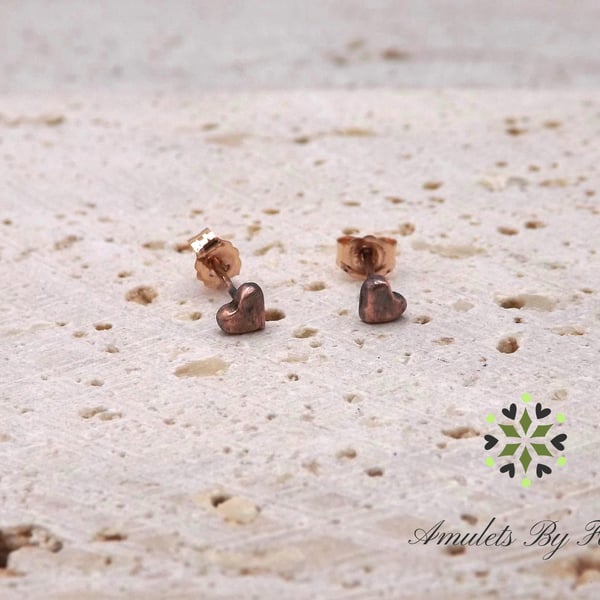 Dainty Recycled Copper Heart Stud Earrings.