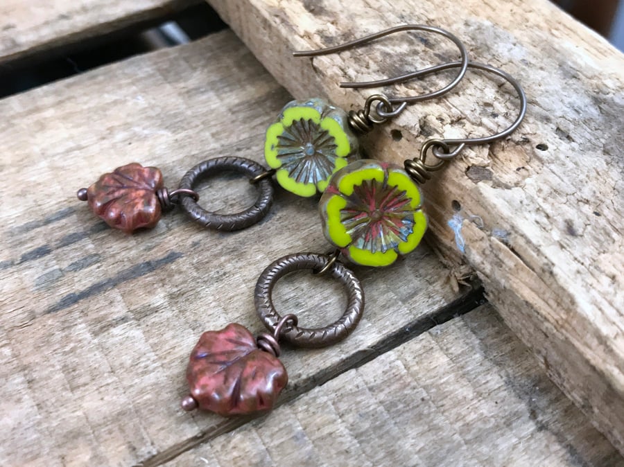 Czech Glass Maple Leaf Earrings. Rustic Woodland Earrings. Forest Earrings