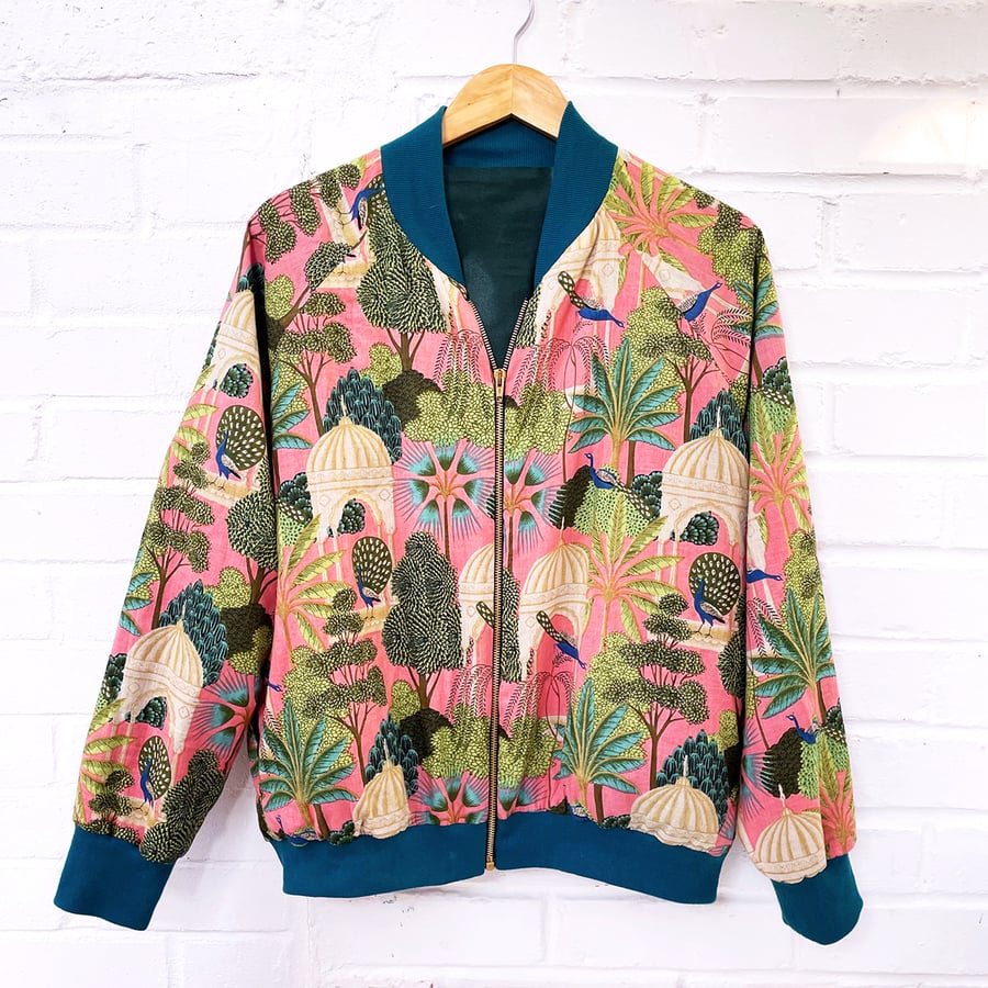 Tropical Bomber Jacket with bottle green satin lining
