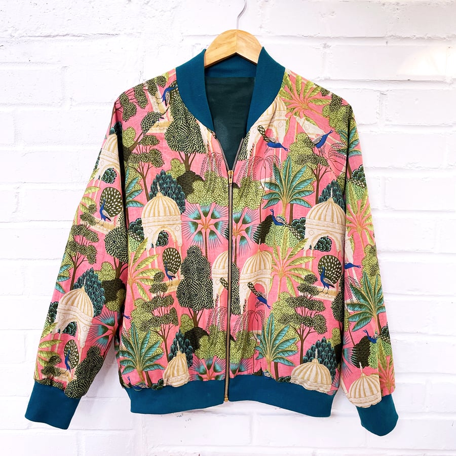Tropical Bomber Jacket with bottle green satin Folksy