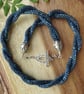 Midnight teal beaded necklace, unusual double spiral sterling silver jewellery - Image 2