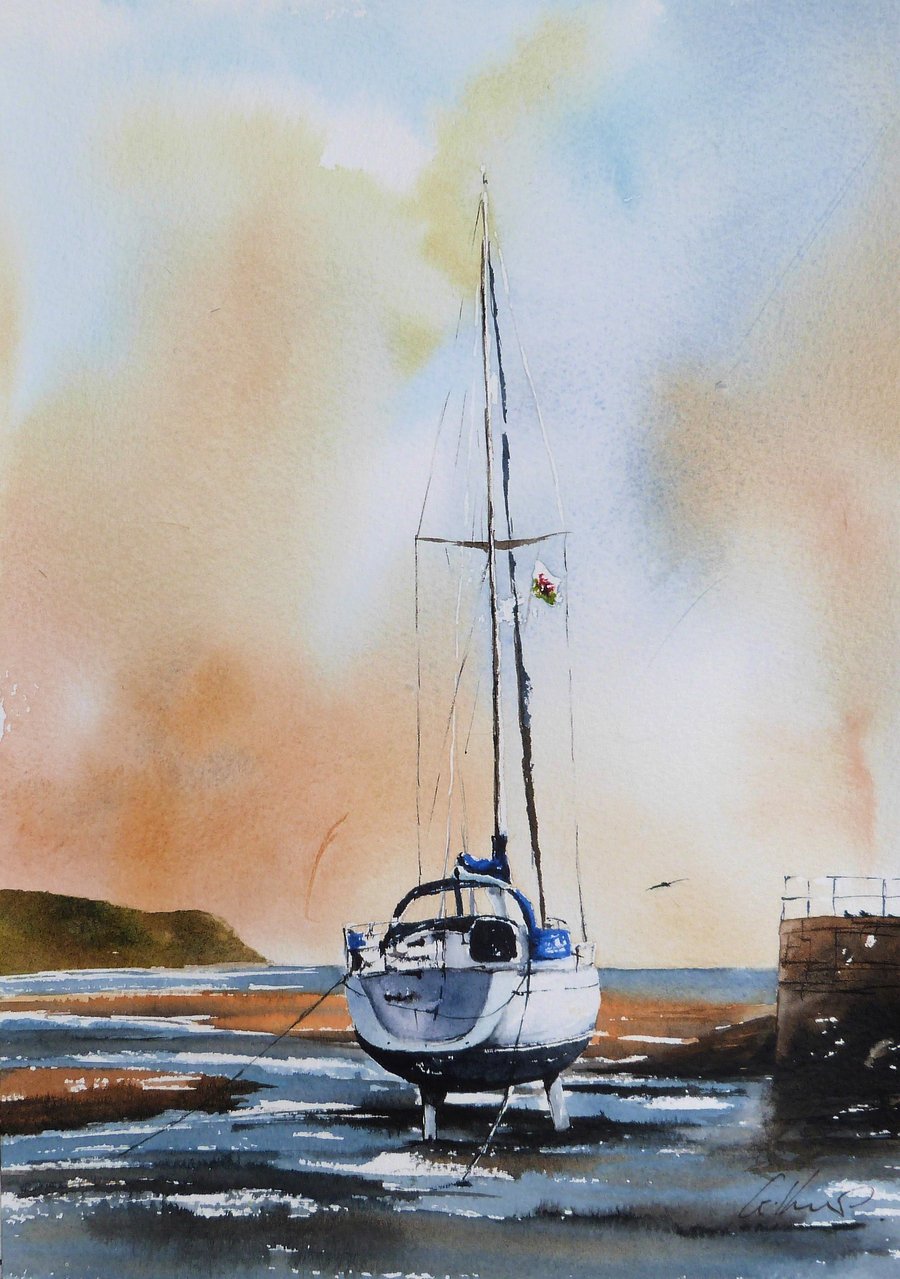 Boat on Abersoch Beach, Original Watercolour Painting.