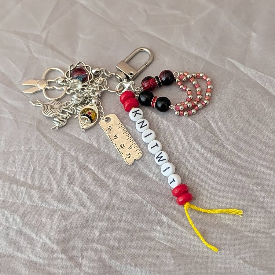 'Knitwit' Bag Charm, keyring, knitting, yarn, beaded bag charm