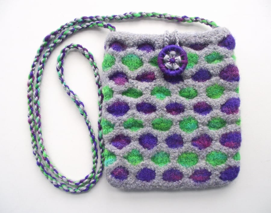 Crossbody Boho Bag, Purse, Grey, Purple & Green Handspun, Knitted, Felted 