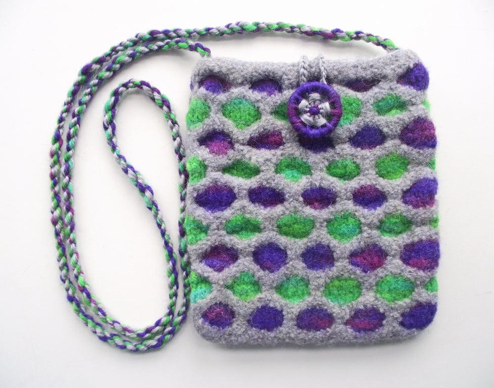 Crossbody Boho Bag, Purse, Grey, Purple & Green Handspun, Knitted, Felted 