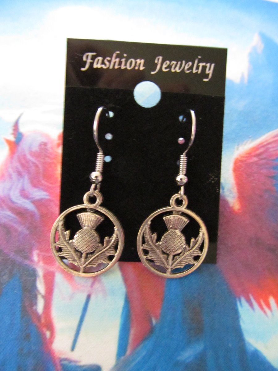 Scottish Thistle Earrings.  Dangly circular earrings with thistle centred inside