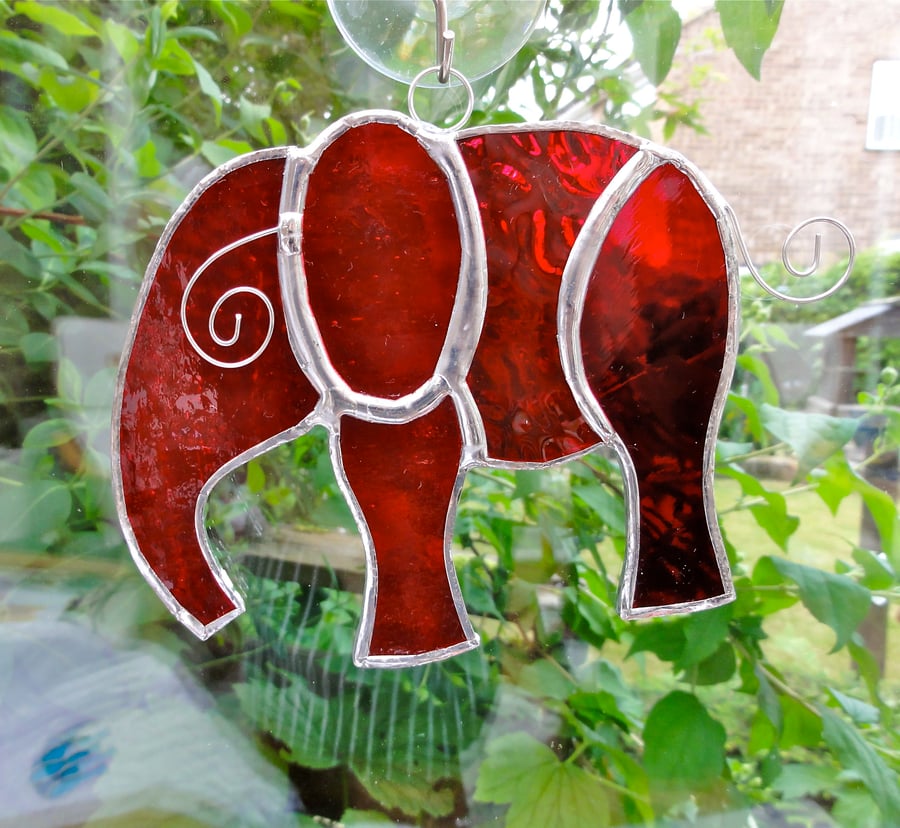 RESERVED - Stained Glass Elephants x 2 - Red