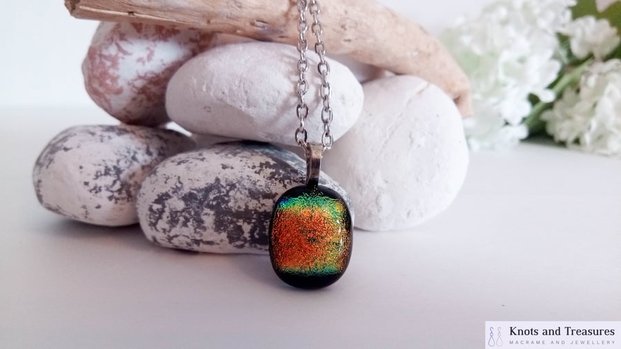 Multicolour (Orange, Turquoise, Blue) Dichroic Glass Pendant Necklace