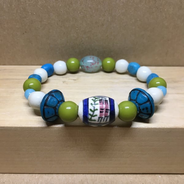 Expandable - Upcycled ceramic, acrylic and vintage beads elasticated bracelet 