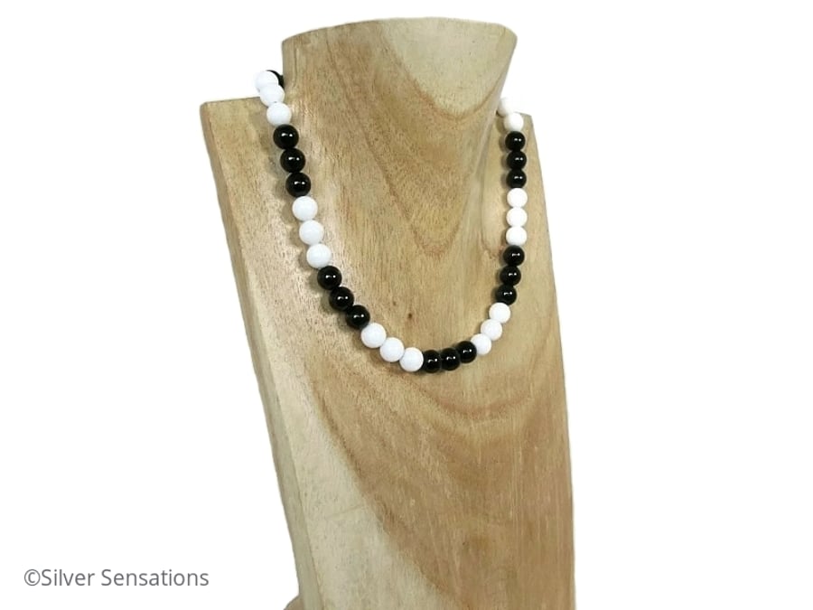 Black Onyx & Snow White Agate Beaded Sterling Silver Handmade Necklace
