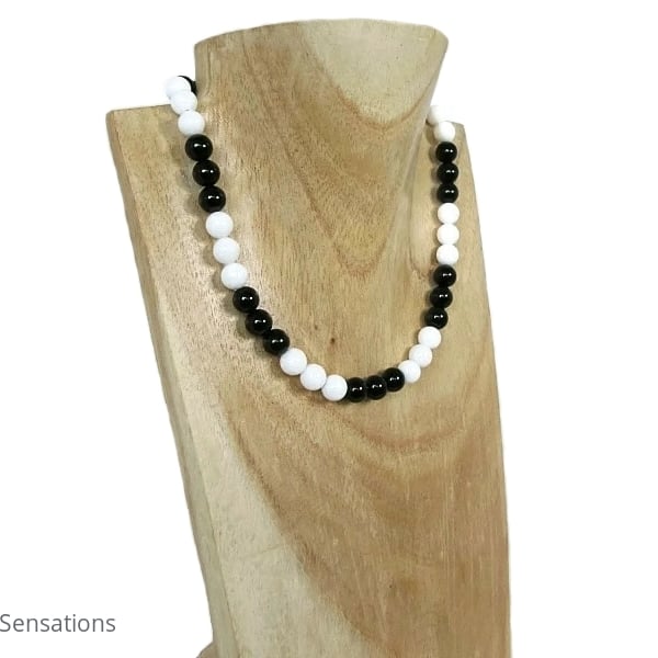 Black Onyx & Snow White Agate Beaded Sterling Silver Handmade Necklace