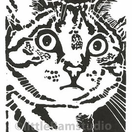 Cat - Beautiful Tabby Cat - Original Hand Pulled Linocut Print