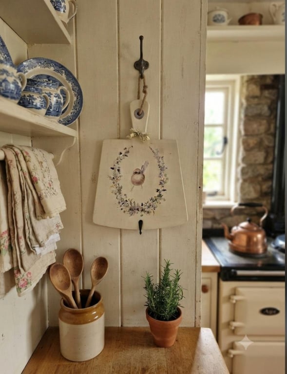 Charming Hand Painted Decorative Wooden Board with Wren and Floral Wreath
