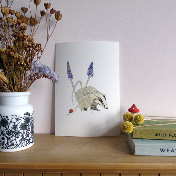 Badger and Grape Hyacinth A5 Giclée Fine Art Print