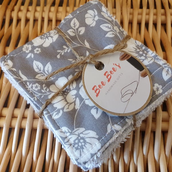 7x Grey Floral 3x3inch Reusable Fabric Wipes 