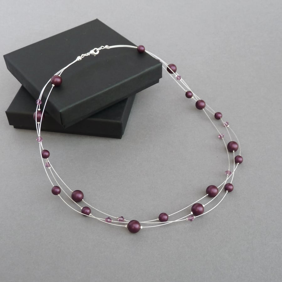 Plum Floating Pearl Necklace - Purple Multi-strand Jewellery - Bridesmaid Gifts