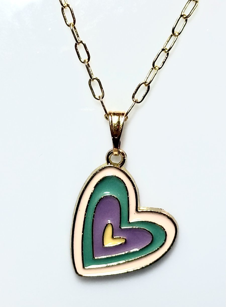 Handmade Multicolour Tiered Heart Pendant 14 Karat Gold Necklace 