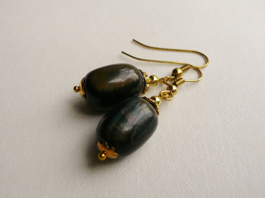 Semi Precious Blue Tiger Eye Dangle  Earrings   KCJE41