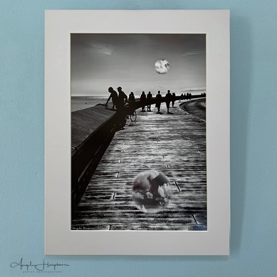Fine Art Monochrome Photograph A3 Strolling in Scarborough with Fantasy Moons
