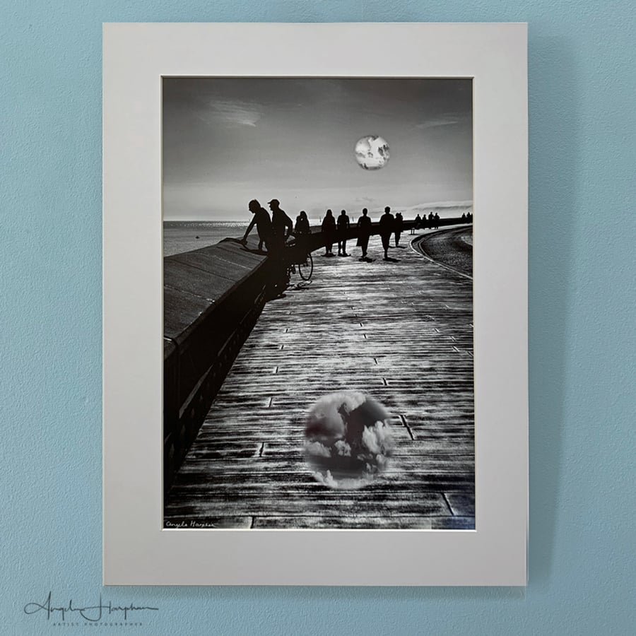 Fine Art Monochrome Photograph A3 Strolling Scarborough with Fantasy Moons